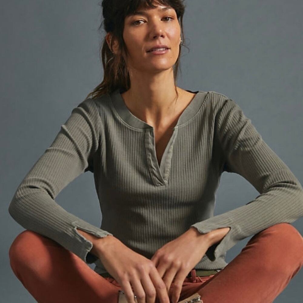 Anthropologie Pilcro Evanna Spliced Long Sleeve Grey V-Neck Top Medium